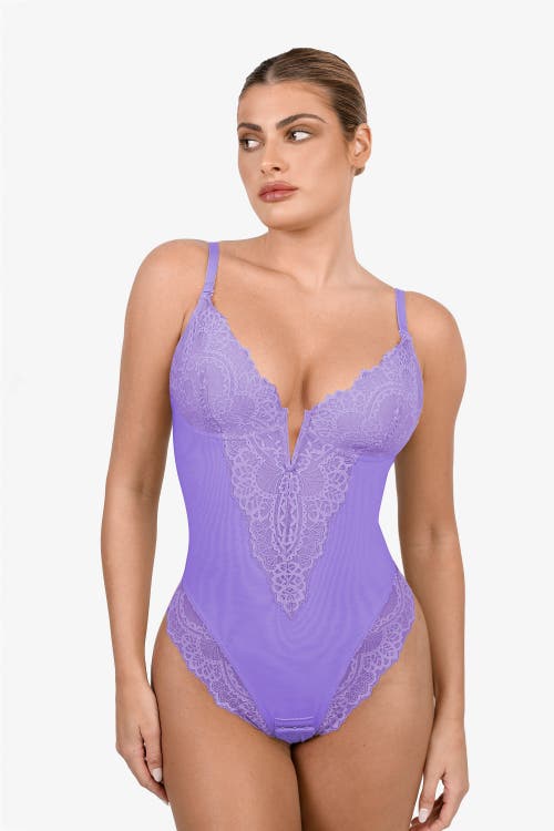 Shop Popilush Shapewear Lace Deep V-neck Sculpting Thong Bodysuit In Wisteria