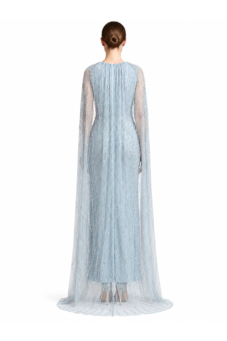 V-Neck Beaded Dress with Long Cape, Alternate, color, SkyBlue