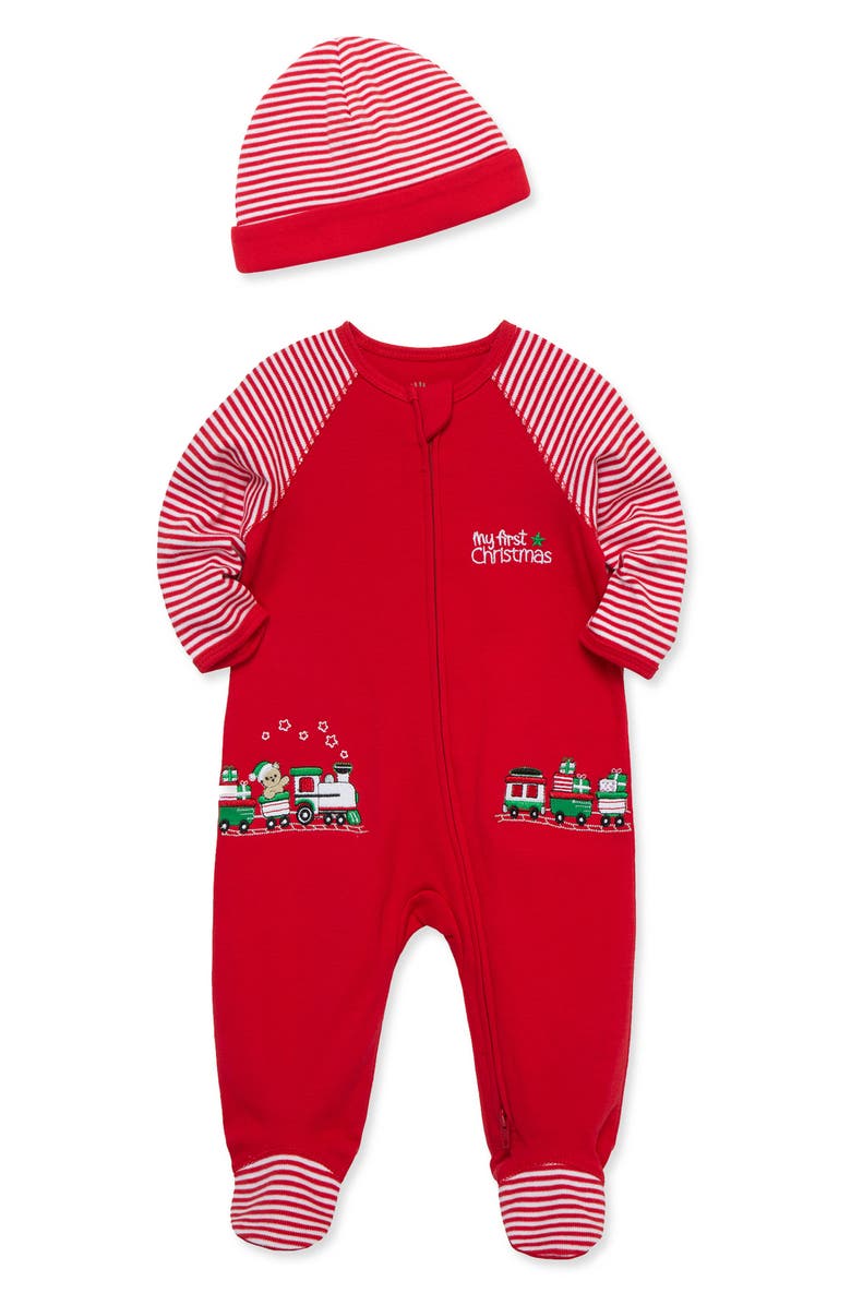 Little Me Train Holiday Footie & Hat Set, Alternate, color, Red