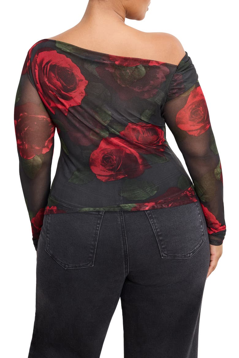Ruched One-Shoulder Mesh Top, Alternate, color, MOODY RED ROSES001
