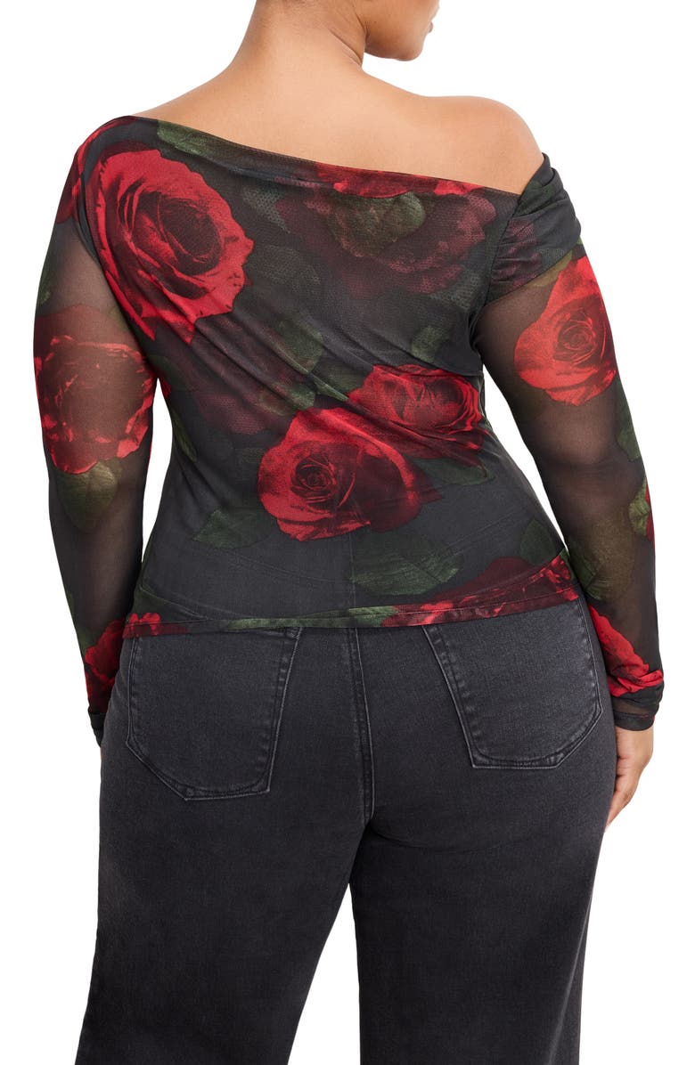 Good American Ruched One-Shoulder Mesh Top, Alternate, color, Moody Red Roses001