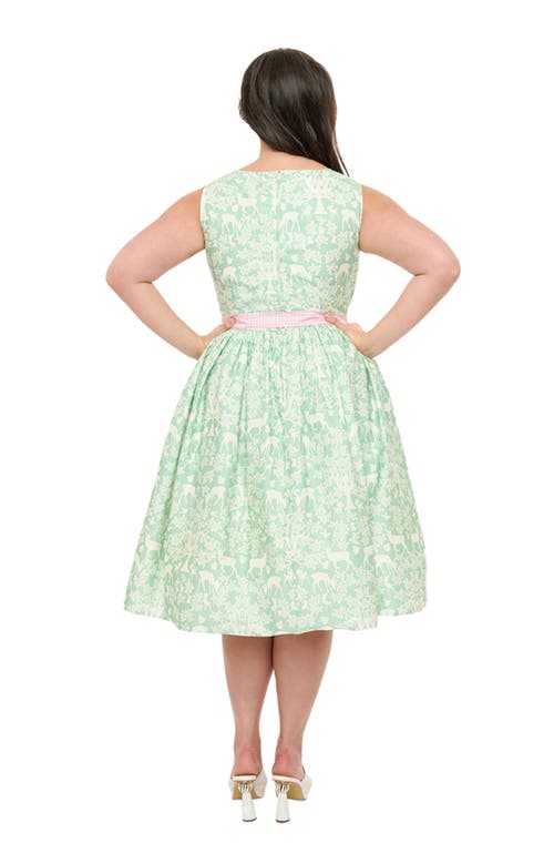 Unique Vintage Plus Size Sleeveless Belted Swing Dress In Green Animal Print