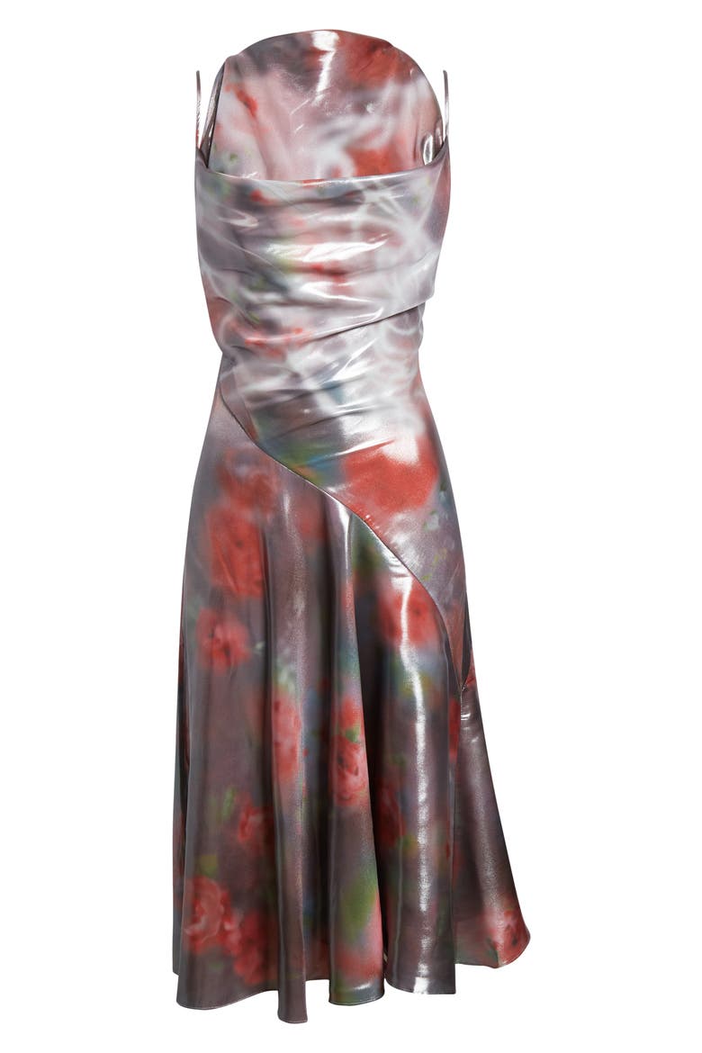 D-Ebra Halter Foiled Georgette Midi Dress, Alternate, color, BORDEAUX