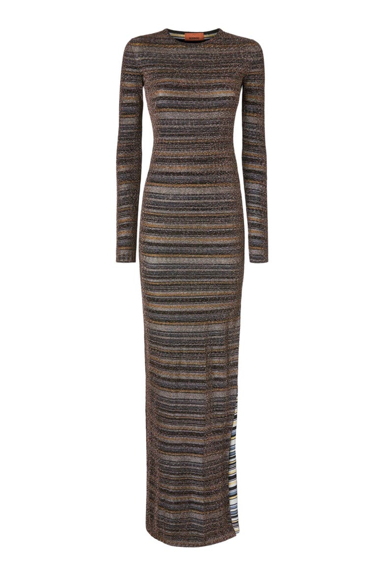 Long Dress In Striped Viscose Lamé With Slit, Alternate, color, Gold& Beige