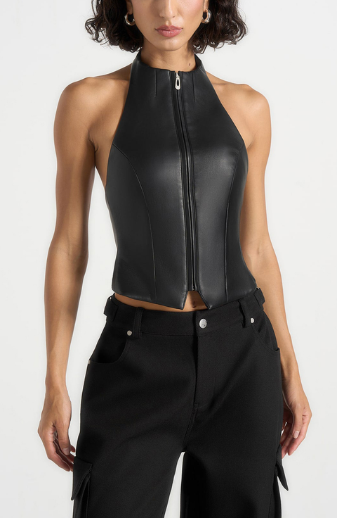 Claudette Leather Halterneck Backless Top