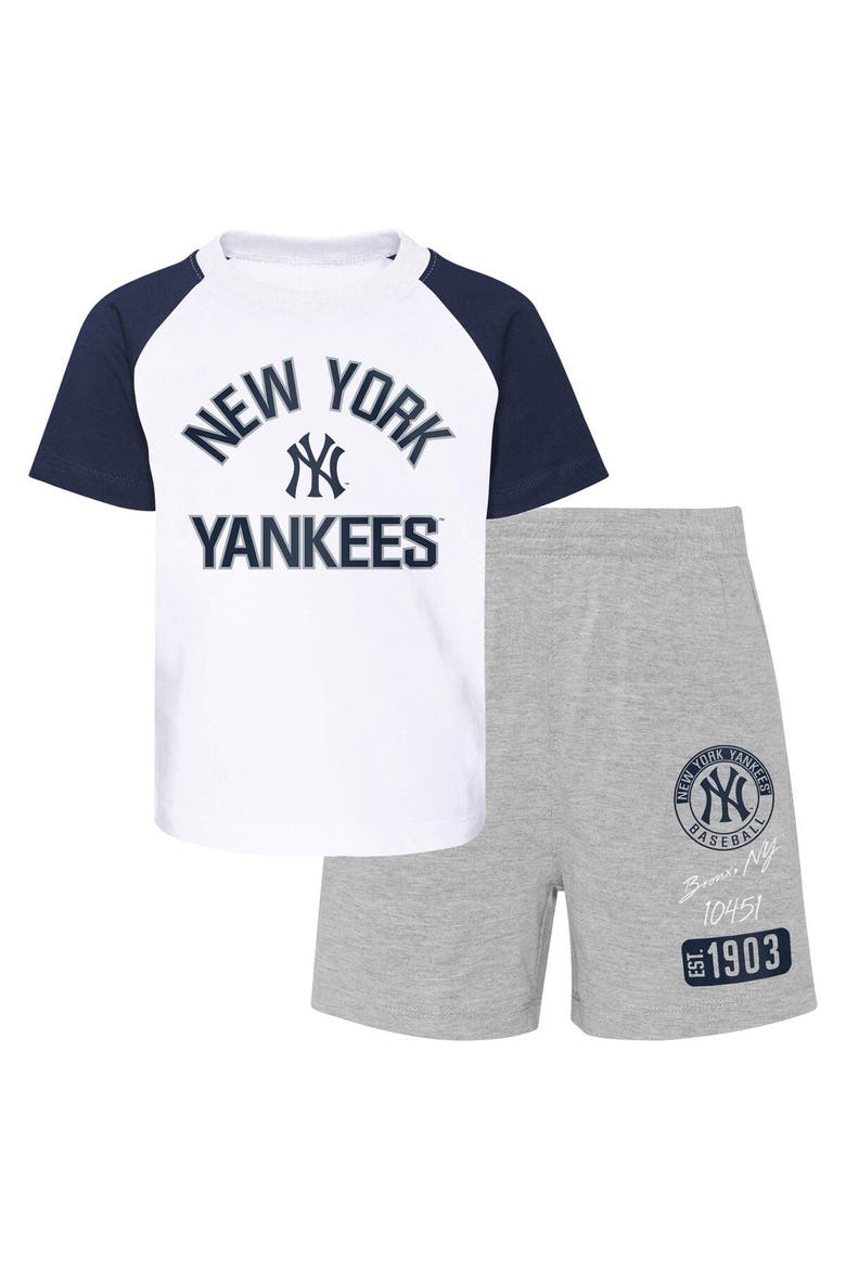 Infant White/Heather Gray New York Yankees Ground Out Baller Raglan T-Shirt and Shorts Set, Main, color, White