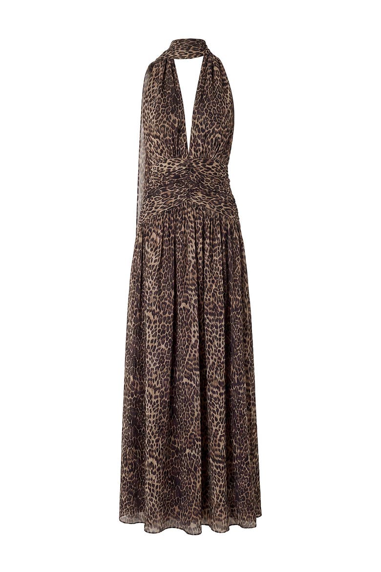 Arella Deep Plunge Printed Halter Maxi Dress, Alternate, color, DESERT LEOPARD