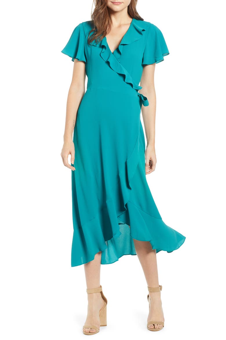 Ruffle Wrap Dress, Main, color, TEAL BAYOU