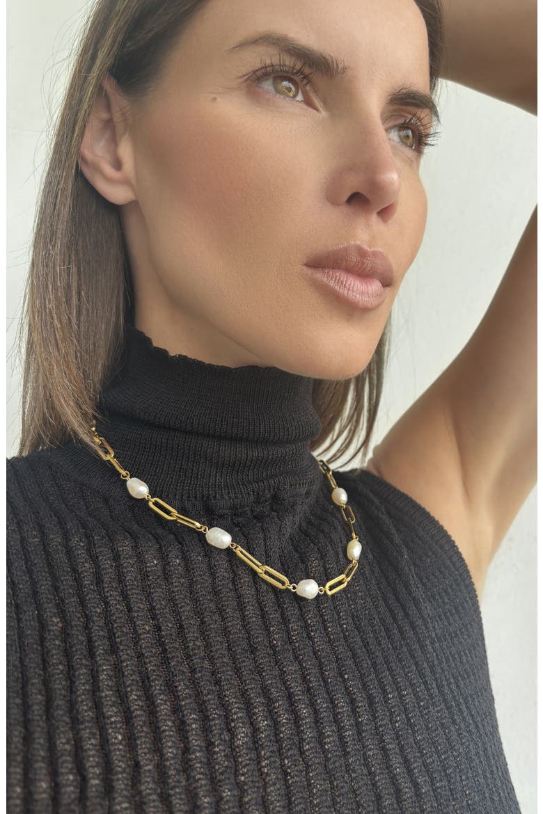 18k Gold Plated Imitation Pearl Paperclip Necklace, Alternate, color, WHITE/ GOLD