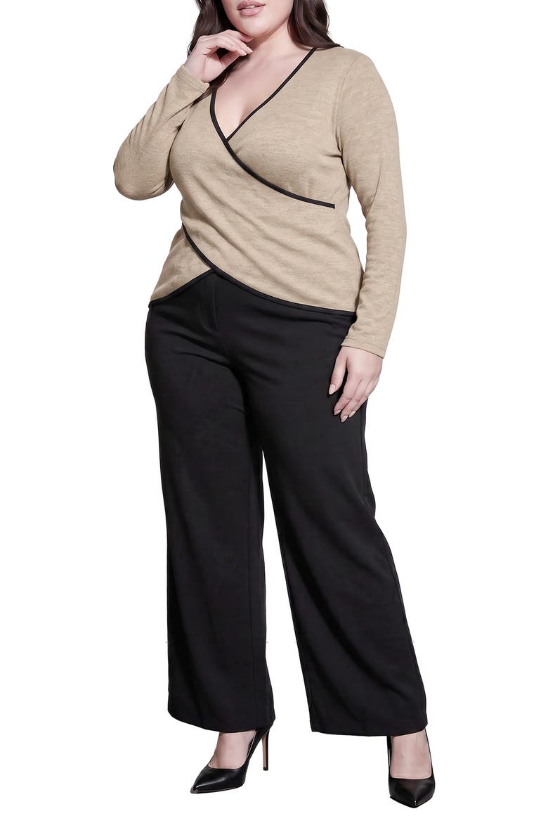 Contrast Long Sleeve Wrap Front Top, Alternate, color, KHAKI
