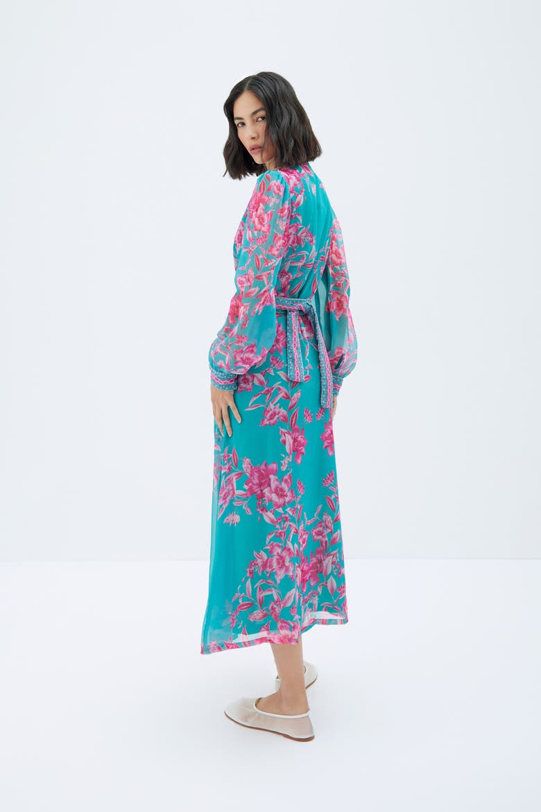 turquoise pink dress Emilie Pink and Turquoise Print Frill Sleeve Midi Dress