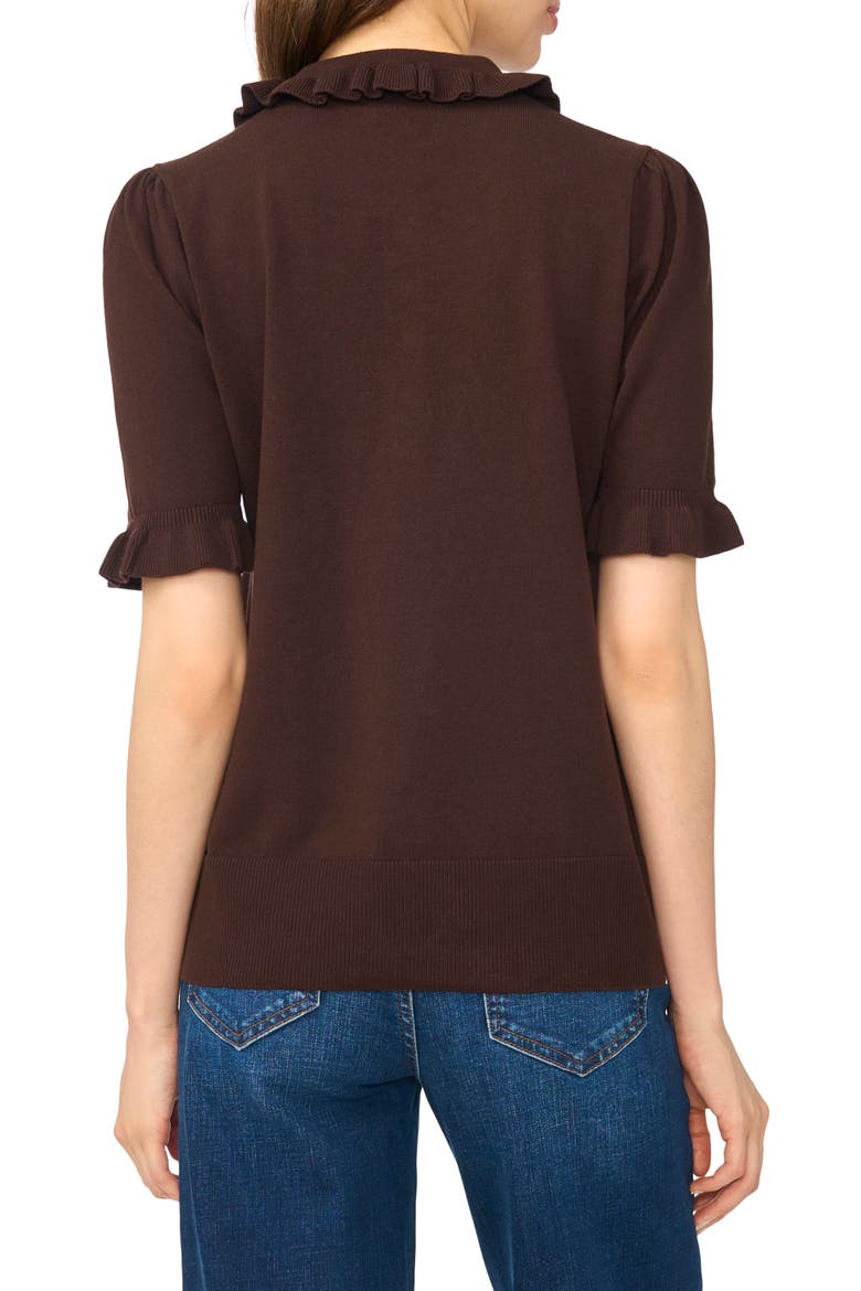 Ruffle Collar Short Sleeve Polo Sweater, Alternate, color, COFFEE BEAN