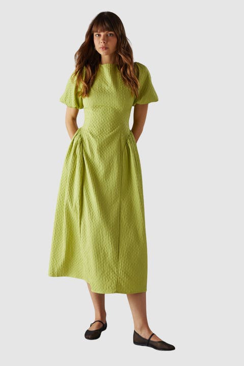 Seersucker Puff Sleeve Midi Dress