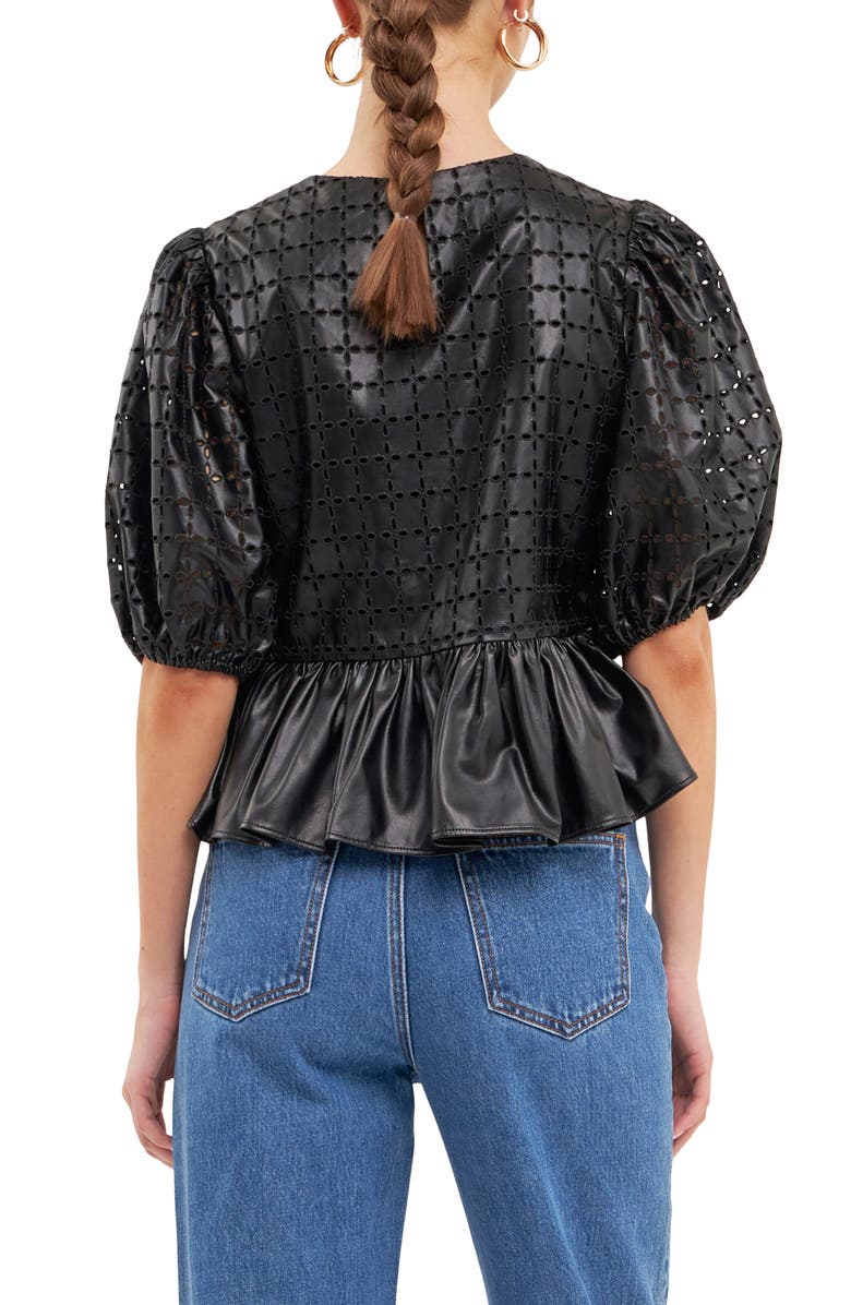 English Factory Puff Sleeve Eyelet Faux Leather Top, Alternate, color, 