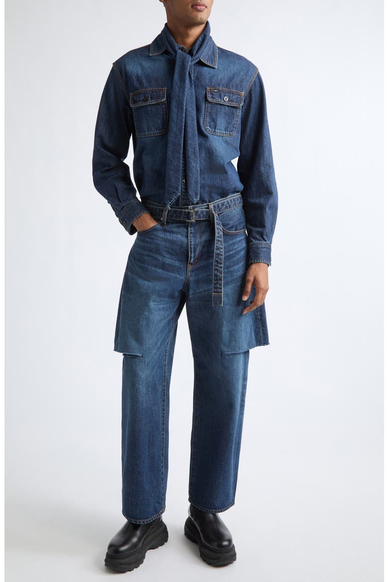 Tie Neck Denim Button-Up Shirt, Alternate, color, BLUE