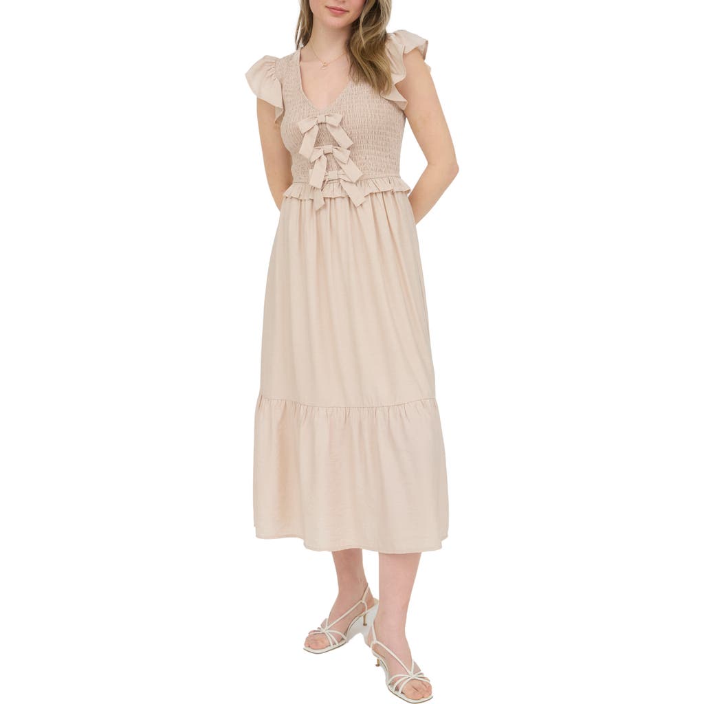 BLU PEPPER BLU PEPPER BOW CAP SLEEVE SMOCKED FIT & FLARE MIDI DRESS