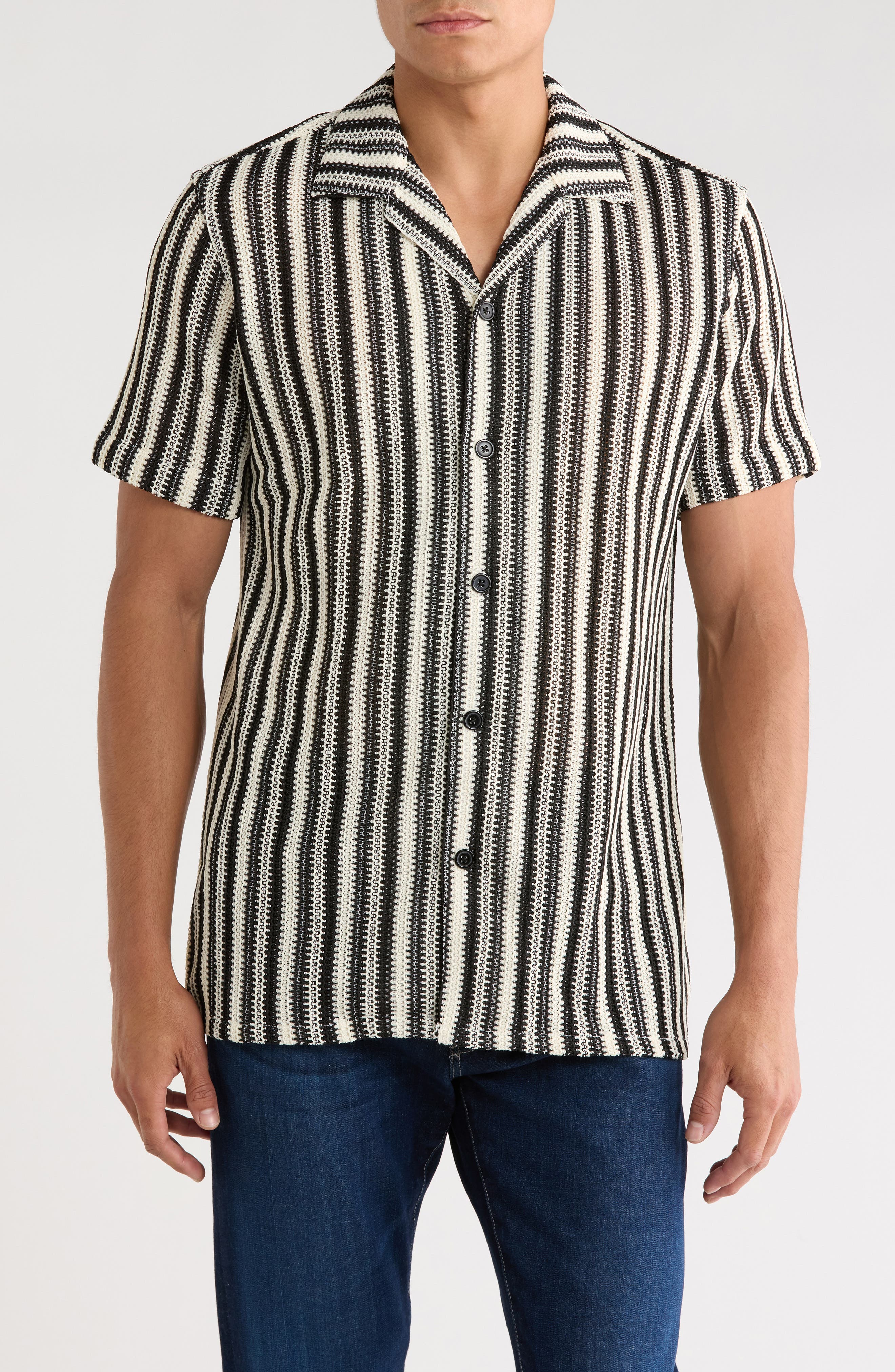 T.R. PREMIUM Textured Stripe Knit Short Sleeve Button-Up Shirt