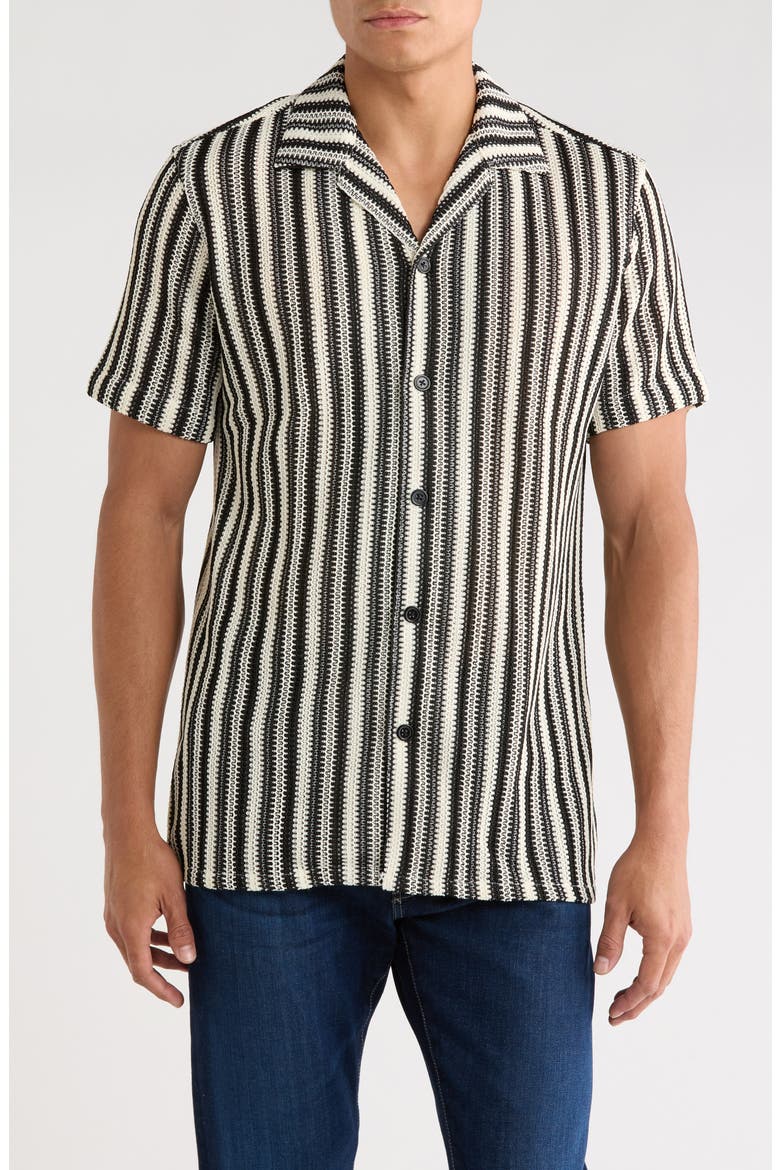Textured Stripe Knit Short Sleeve Button-Up Shirt, Main, color, BLACK