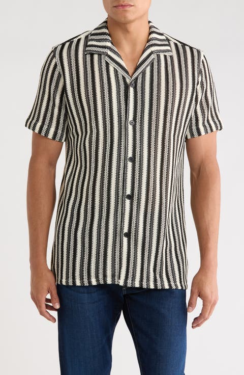 Textured Stripe Knit Short Sleeve Button-Up Shirt