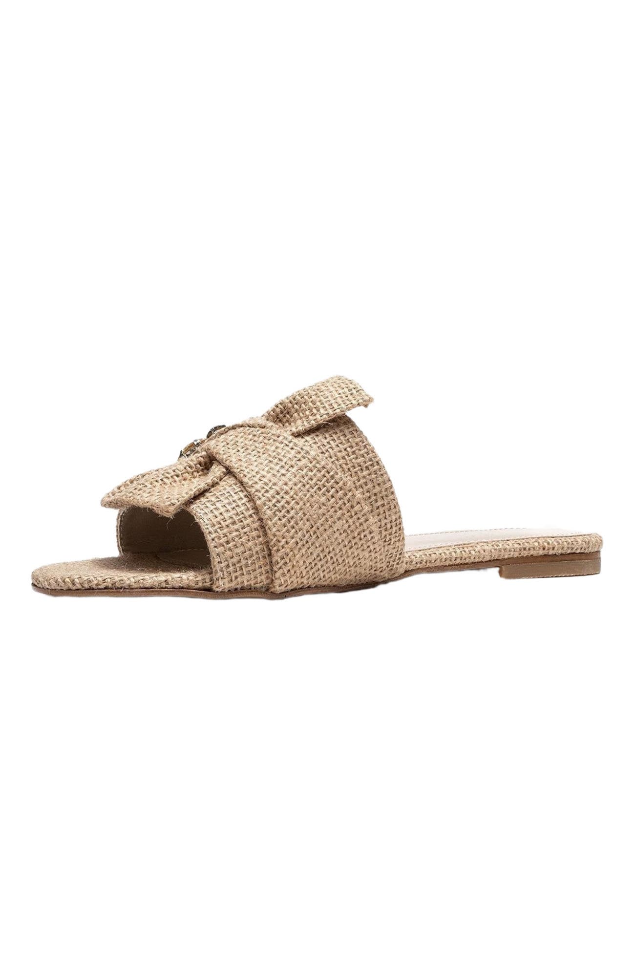 Prologue Shoes Daphne Raffia Bow Slide Sandal, Alternate, color, Beige Faux Leather