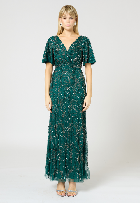 Embellished Sequins Wrap Neck Maxi