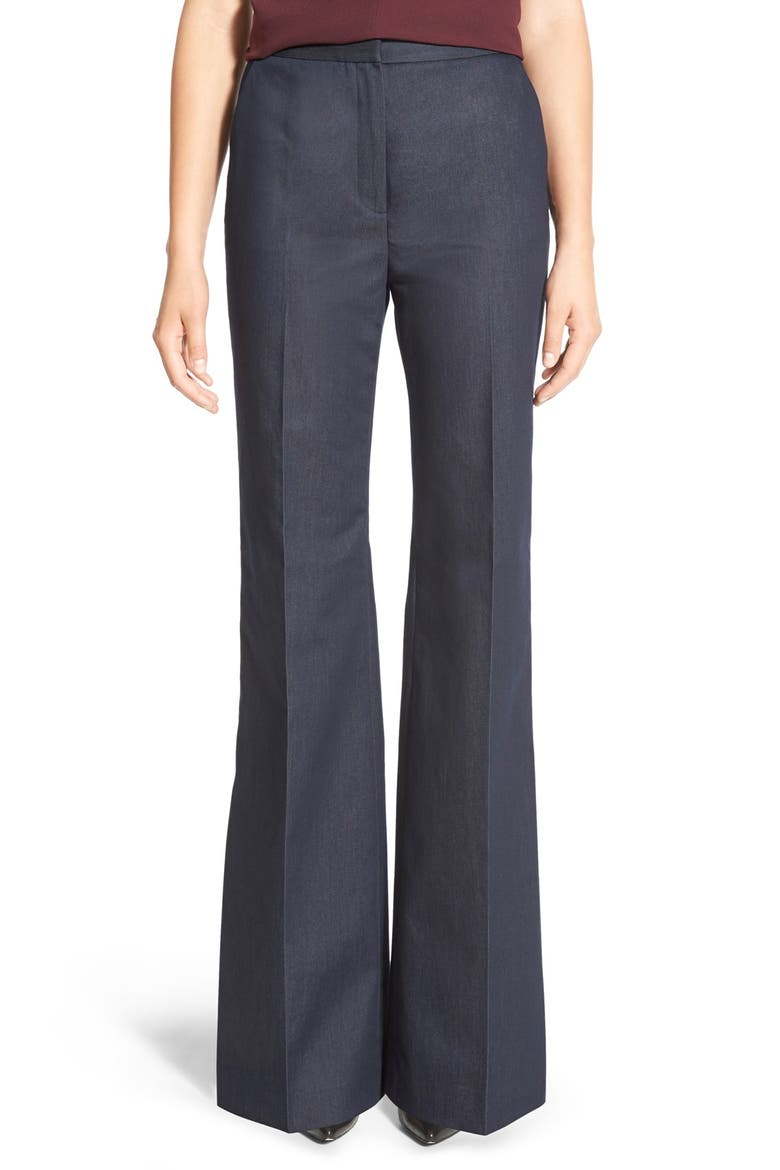 High Waist Denim Flare Leg Trousers, Main, color, DARK INDIGO