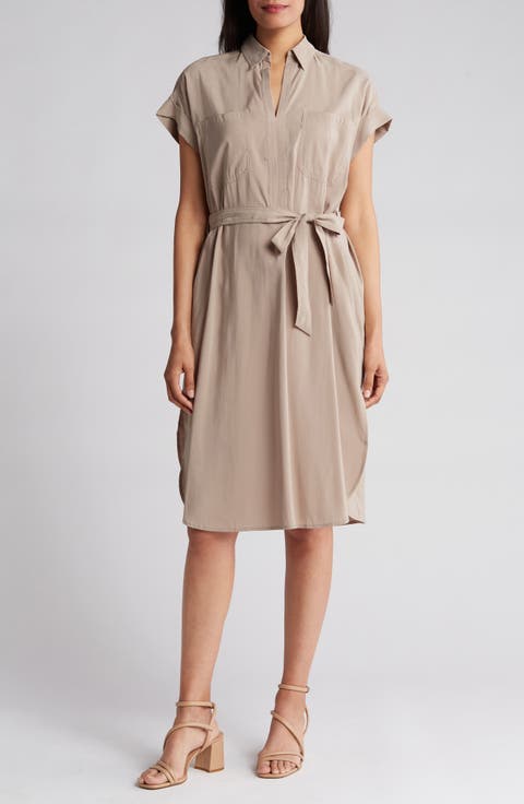 V-Neck Cuffed Sleeve Shirtdress