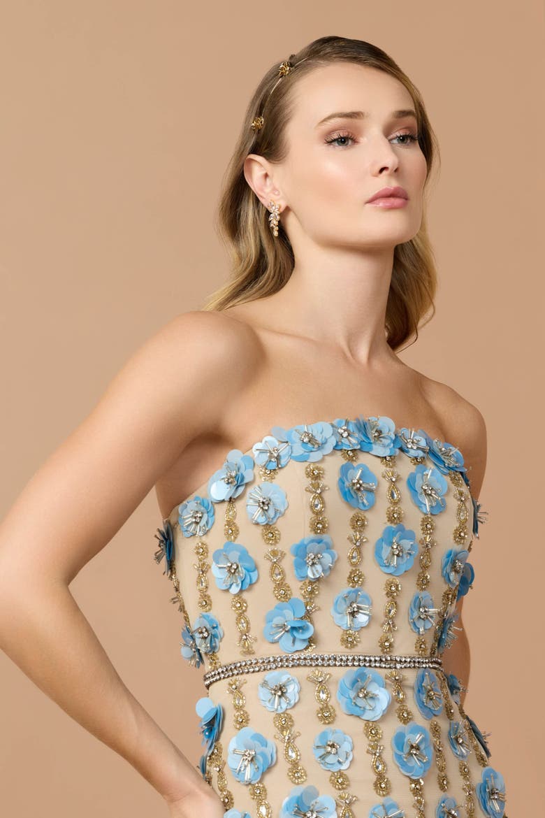 Beaded Sequin Mesh Strapless Ankle Dress, Alternate, color, Nude Blue