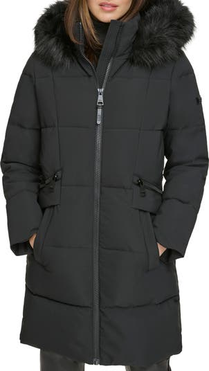 DKNY Womens High-Shine Faux-Fur Trim Hooded Puffer Coat shops Black XS NWT