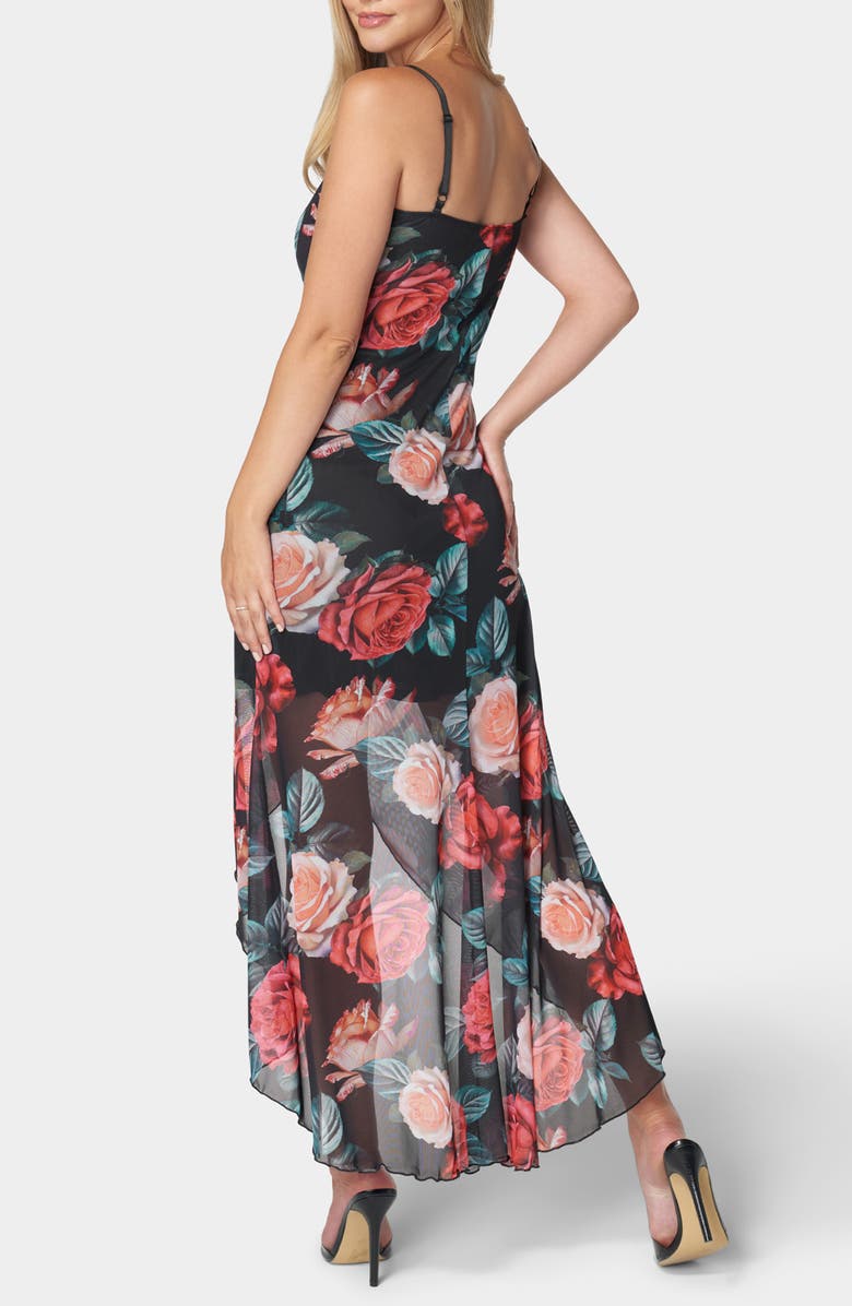 bebe Spaghetti Strap Mesh High/Low Dress, Alternate, color, Black/ Teal