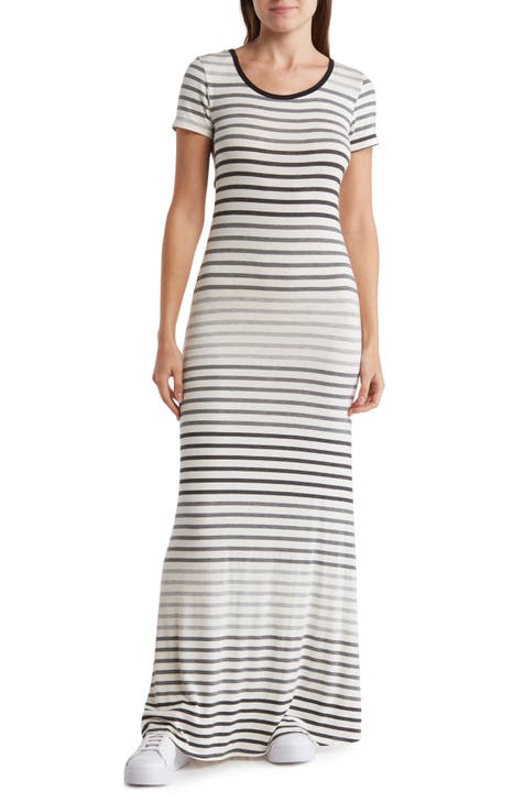 Stripe Short Sleeve Rib Maxi Dress