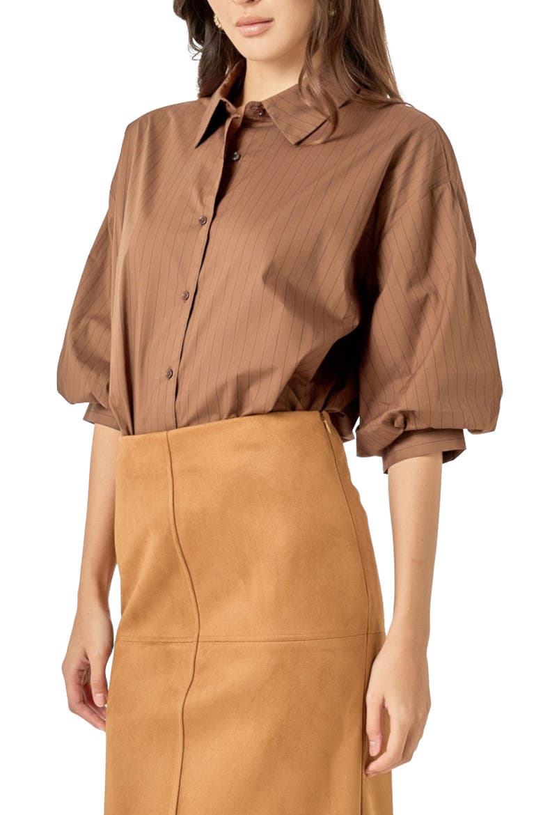 Pinstripe Balloon Sleeve Cotton Shirt, Alternate, color, BROWN
