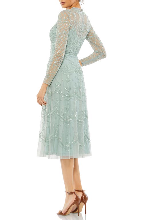Mac Duggal Sequined Illusion High Neck Long Sleeve Midi Dress In Seafoam