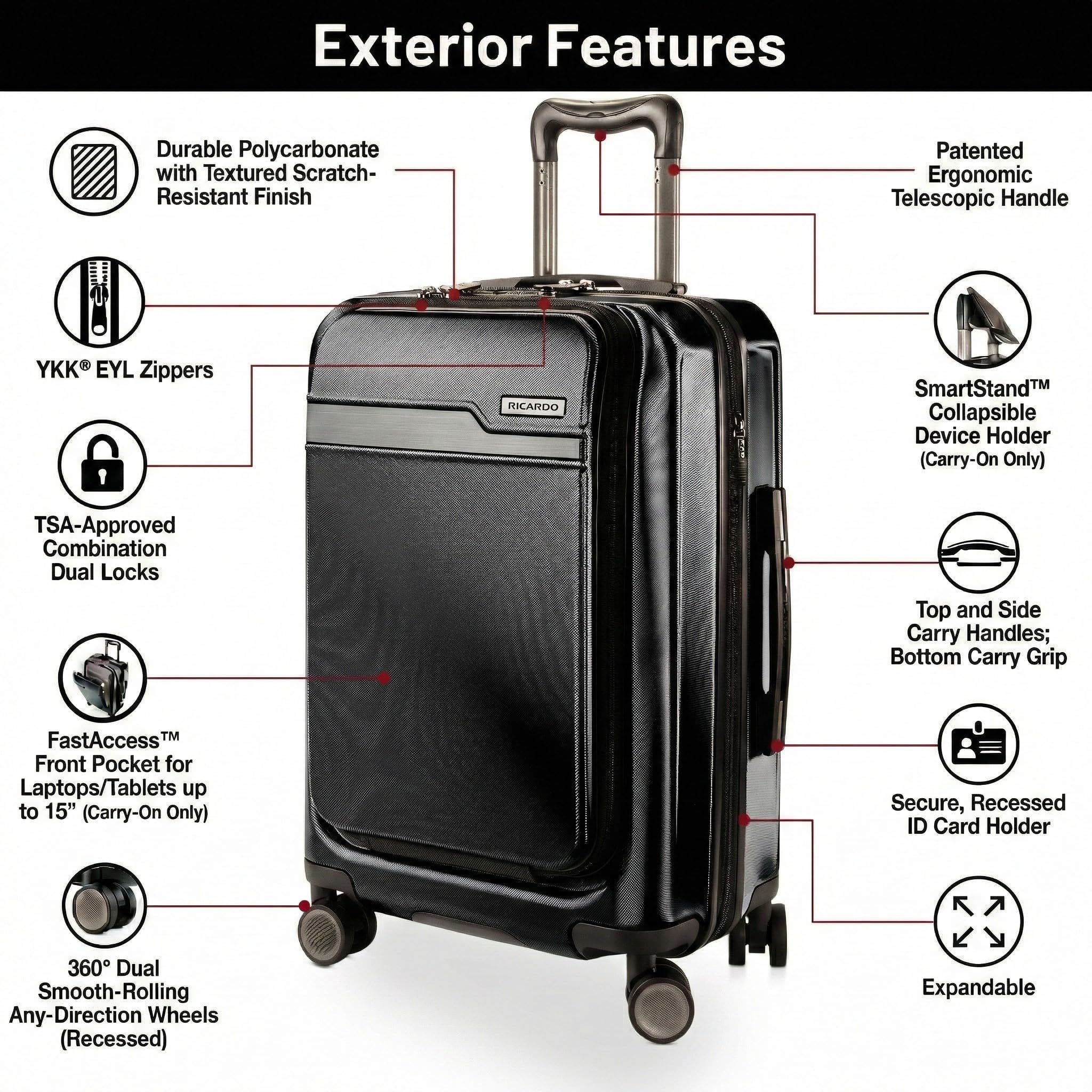 Ricardo Beverly Hills Brentwood Hardside 21" Expandable Front Open Carry-on Luggage, Alternate, color, Onyx