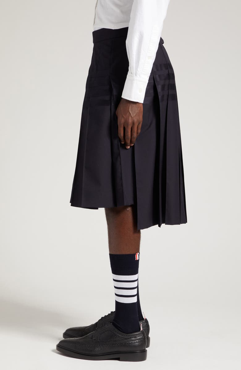 Thom Browne 4-Bar Pleated Back Strap High-Low Wool Skirt, Alternate, color, Dark Blue