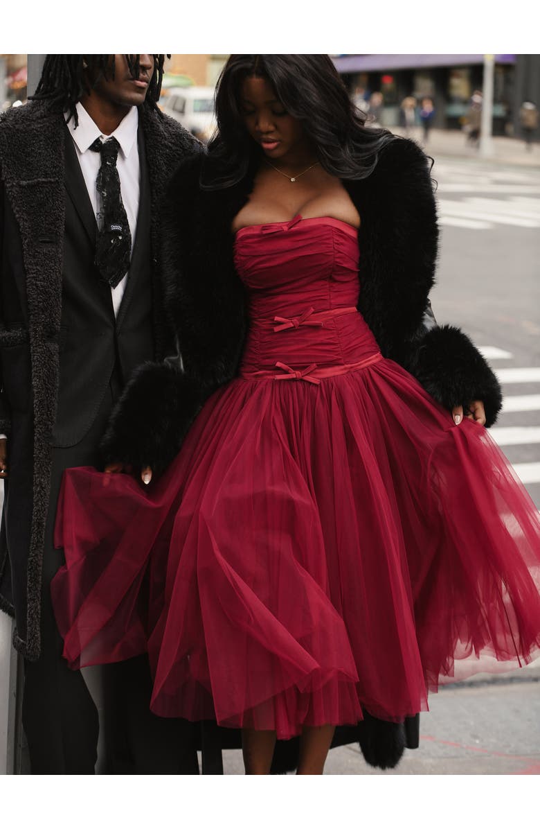 Miss Circle Mabel Drop Waist Layered Mesh Midi Puffy Dress with Bow, Alternate, color, 