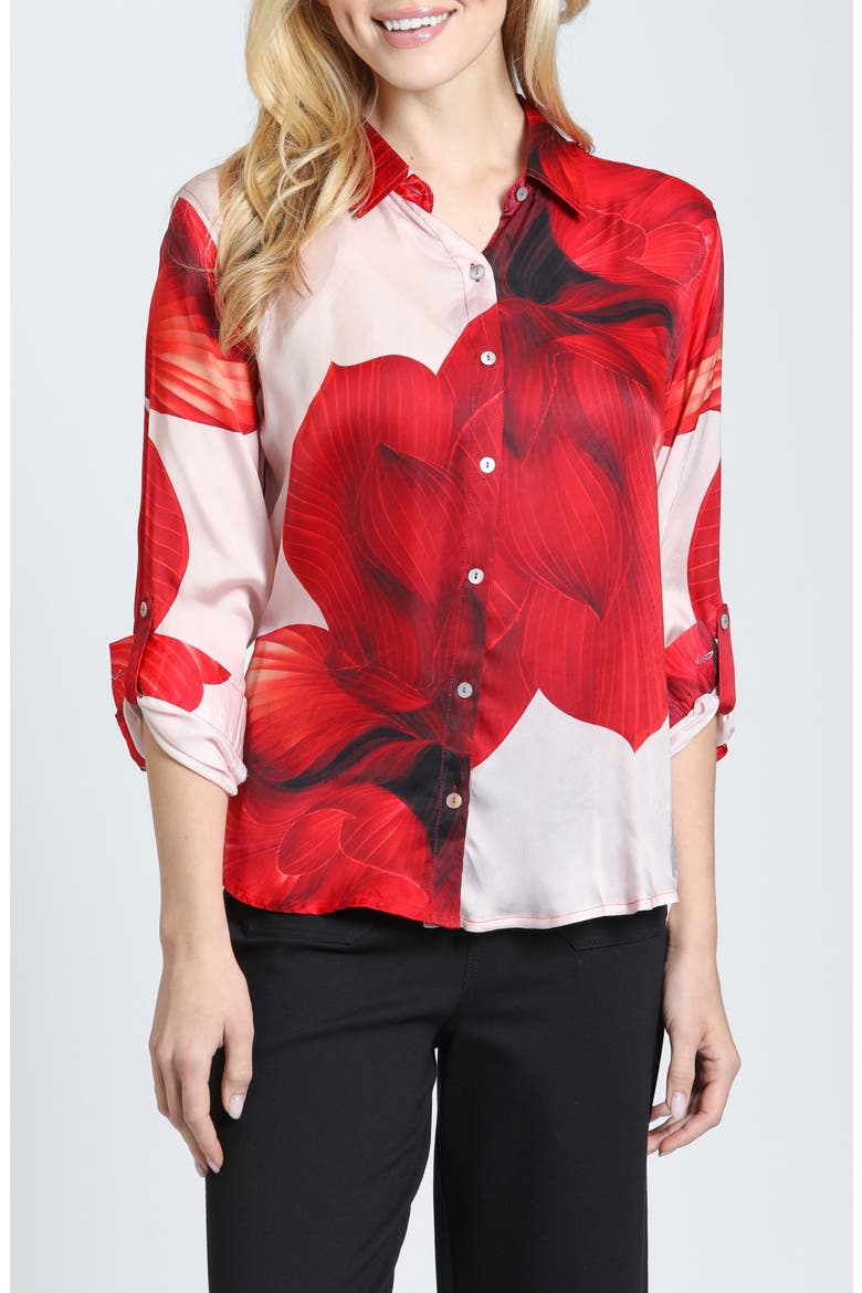 Cupro Roll Tab Sleeve Button-Up Shirt, Main, color, SCARLET