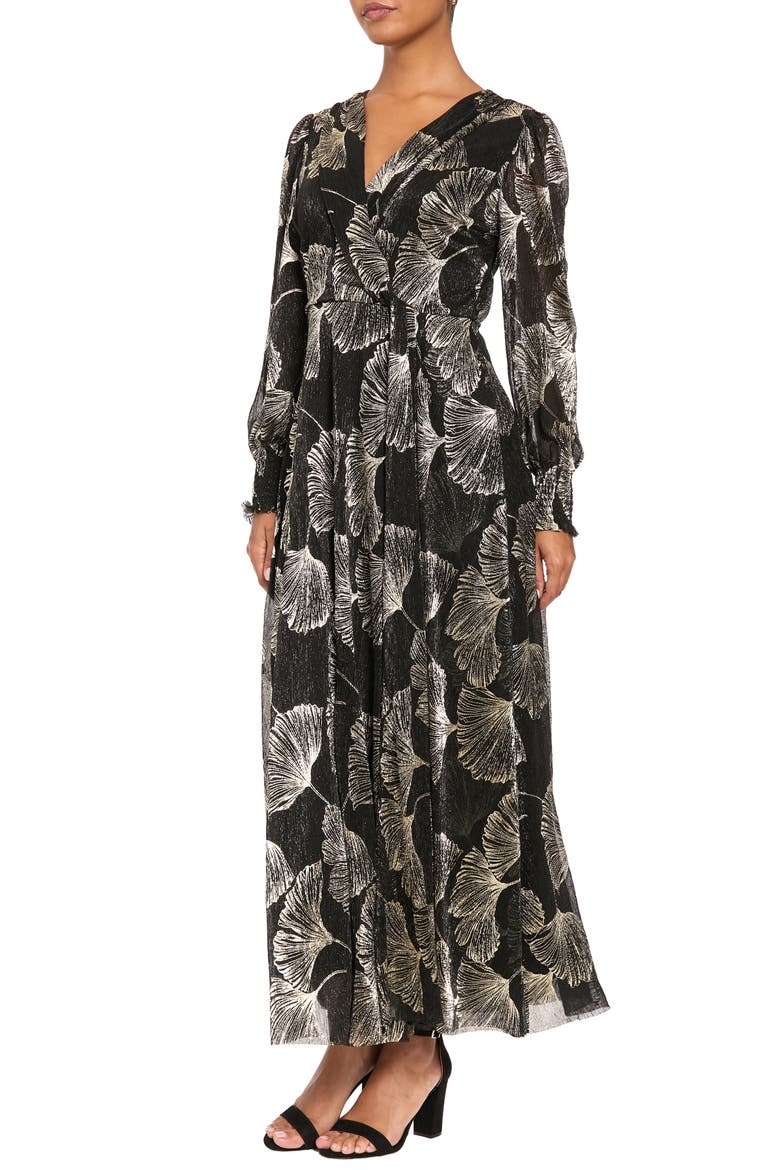 Metallic Long Sleeve Faux Wrap Maxi Dress, Alternate, color, BLACK/ GOLD F