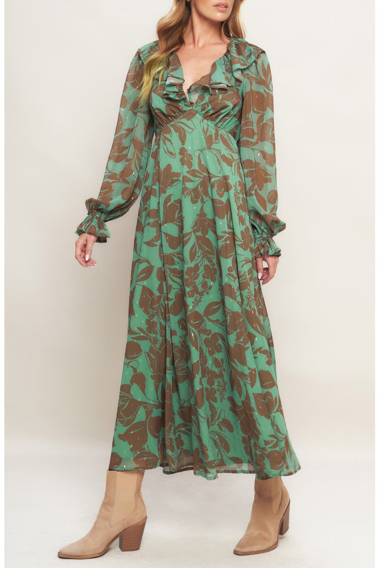 Metallic Print Chiffon Maxi Dress, Alternate, color, SAGE BROWN
