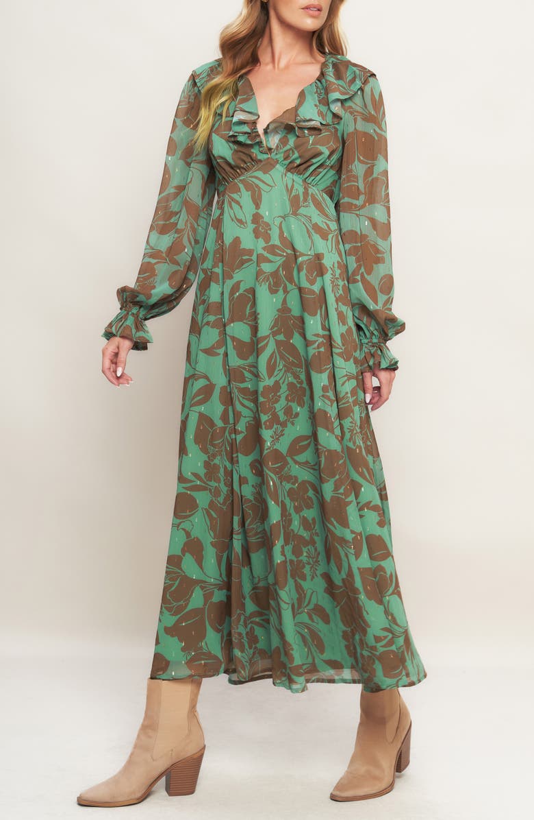 FLYING TOMATO Metallic Print Chiffon Maxi Dress, Alternate, color, Sage Brown
