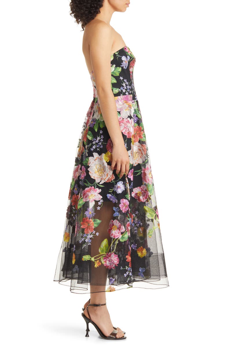 Marchesa Notte Floral Embroidered Strapless Cocktail Dress, Alternate, color, 