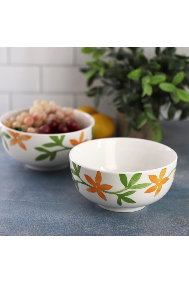 2 Piece Fine Ceramic Cereal Bowl Set in Floral, Alternate, color, Orange