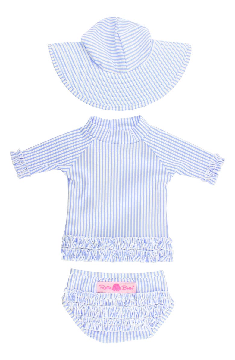 RuffleButts Seersucker Two-Piece Rashguard Swimsuit & Hat Set, Alternate, color, 