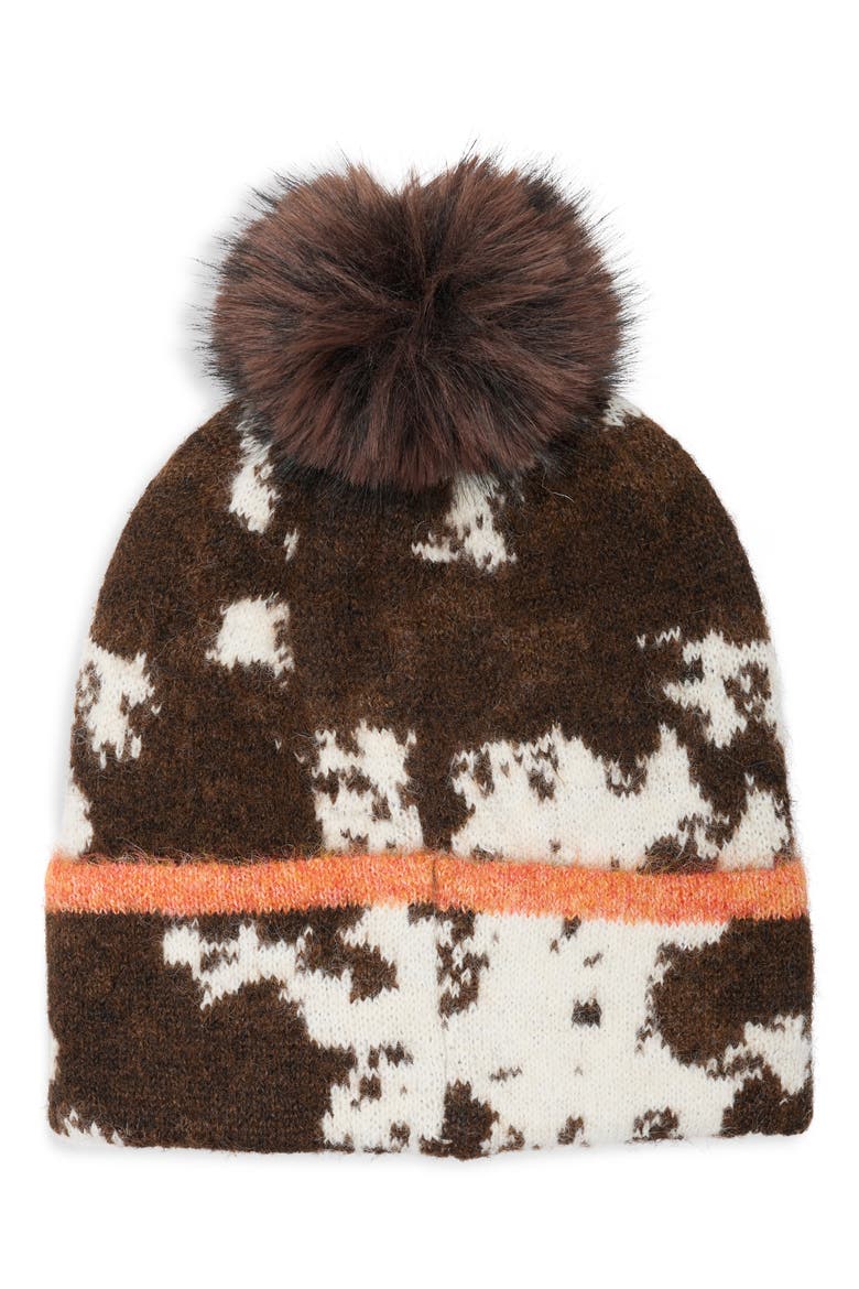 Knit Beanie with Faux Fur Pompom, Alternate, color, BROWN MULTI
