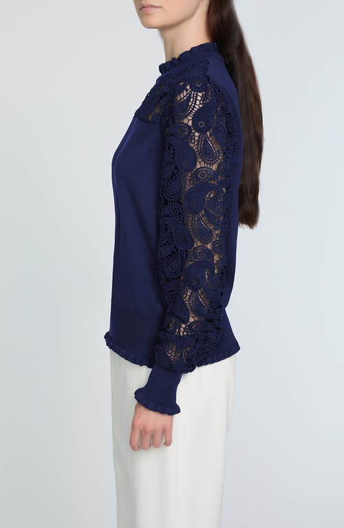 Shop Elie Tahari The Felicity Floral Lace Detail Sweater In Daphne Blue
