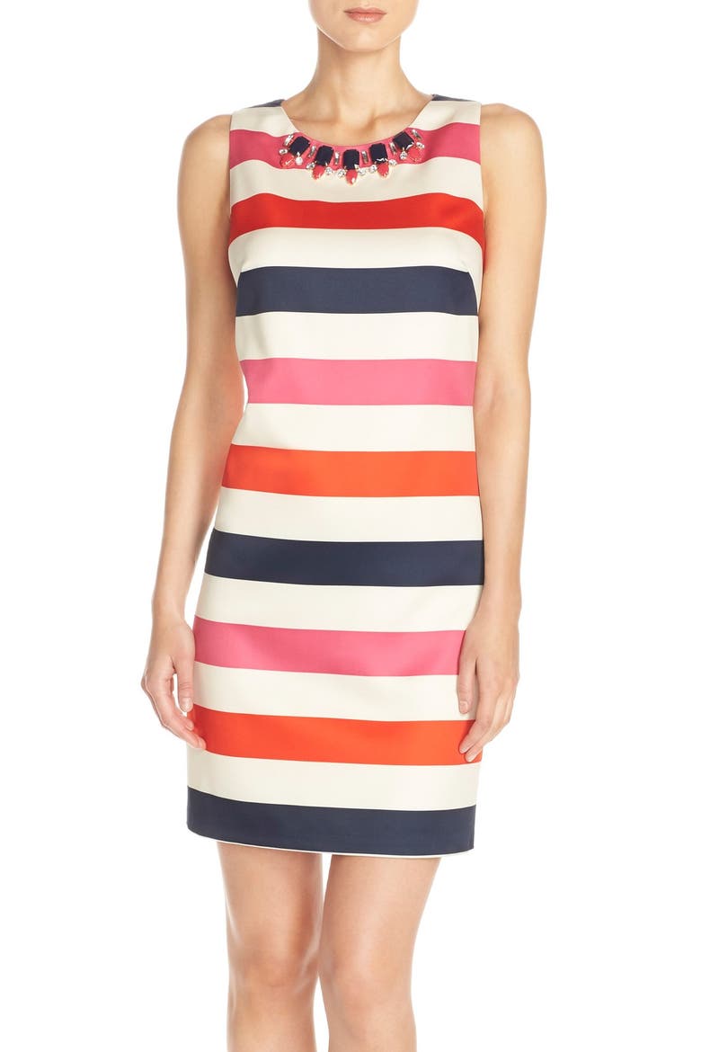 Embellished Stripe Satin Shift Dress, Main, color, PINK PRINT