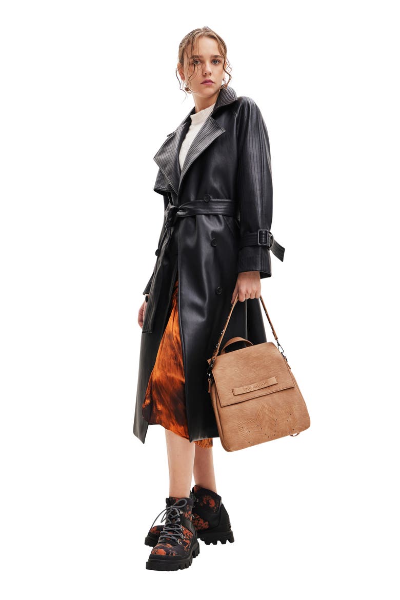 Belted Faux Leather Trench Coat, Alternate, color, BLACK
