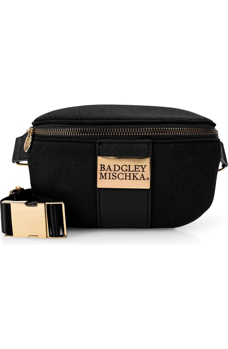 BADGLEY MISCHKA Sage Scuba and Vegan Leather Belt Bag, Main, color, Black