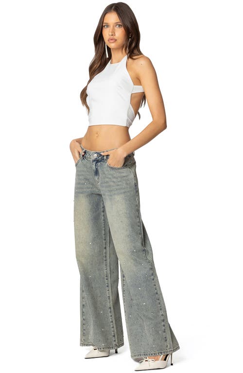 Edikted Low Rise Rhinestone Wide Leg Jeans In Gray