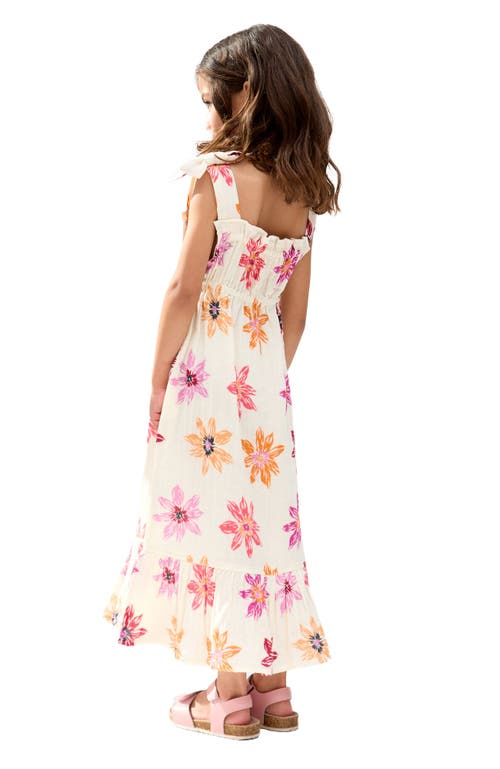 Raffya Kids Flora Gathered Hand Drawn Floral Print Dress In Sand